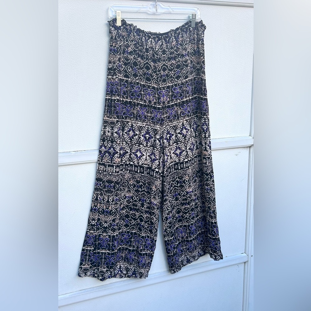 Angie Palazzo Pants Women L Pull On Wide Leg Baggie Boho Hippie Black Multi - Picture 7 of 9